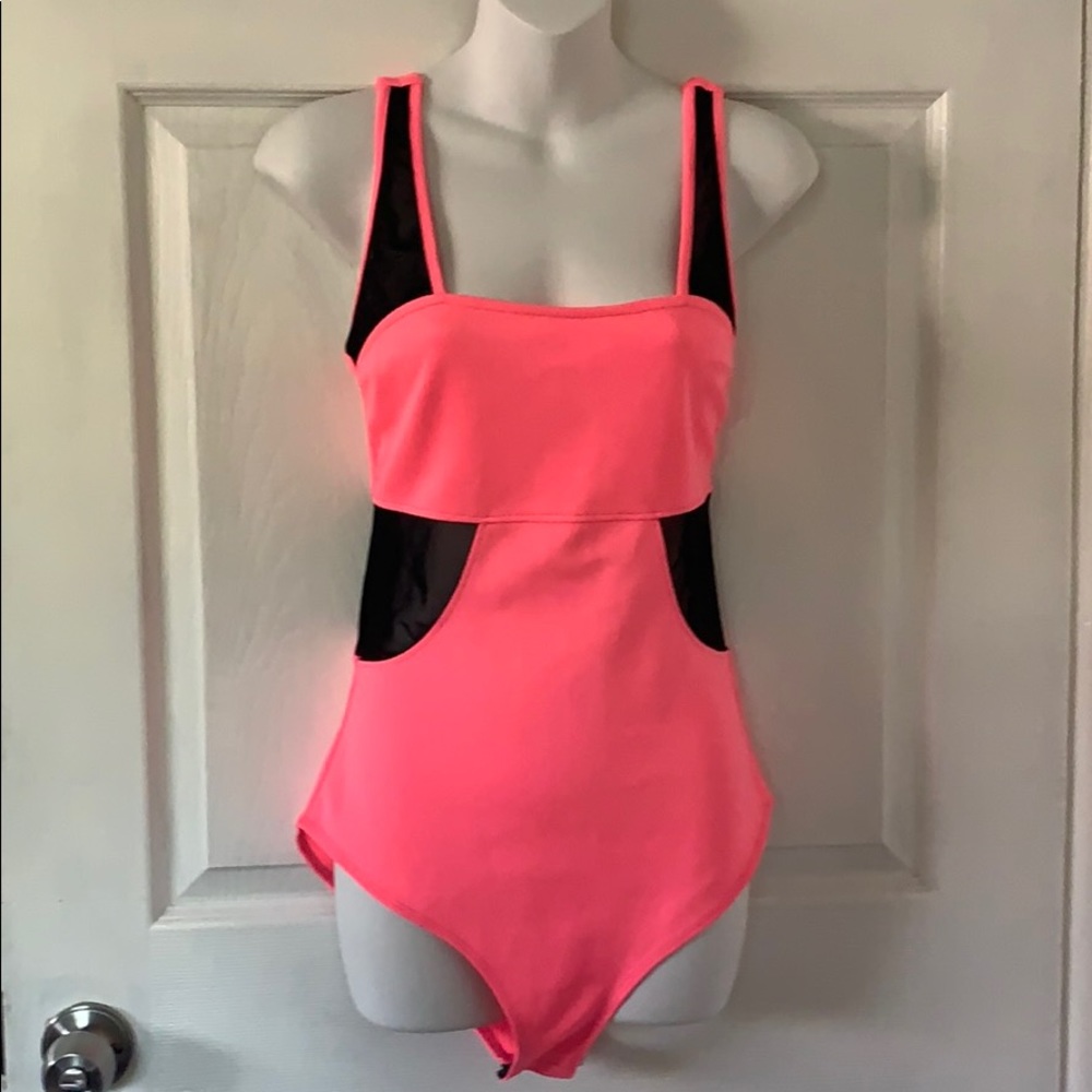 Neon pink mesh bodysuit